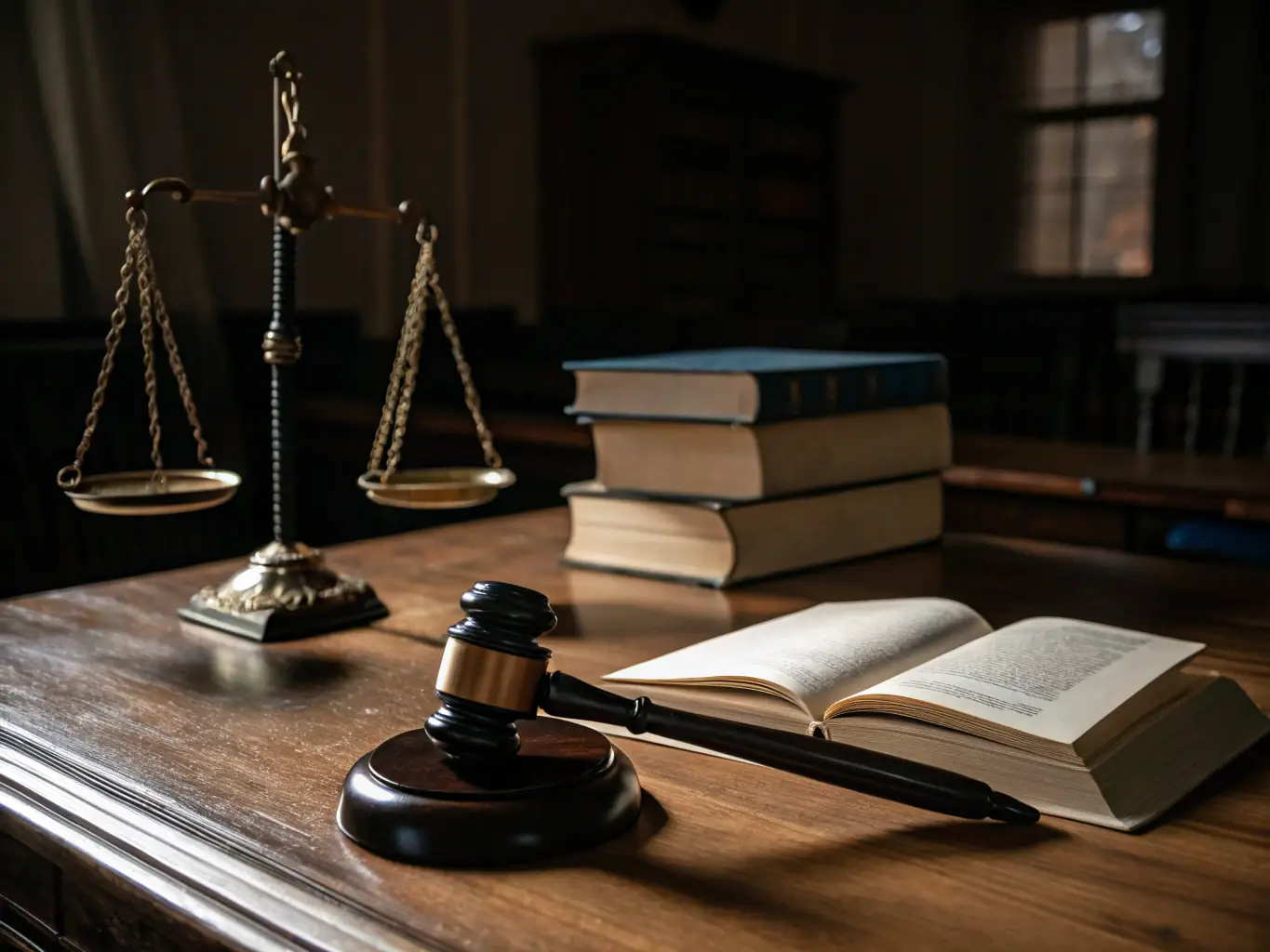 An image of a gavel and scales of justice in a courtroom, representing fairness and the pursuit of justice in criminal law.
