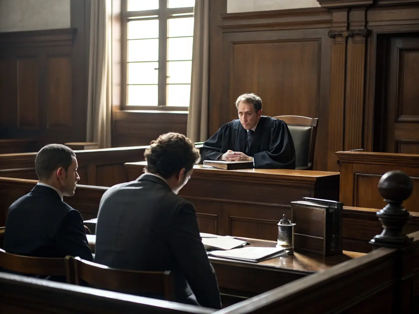 An image of a courtroom scene, symbolizing justice and legal defense, with a focus on the scales of justice.