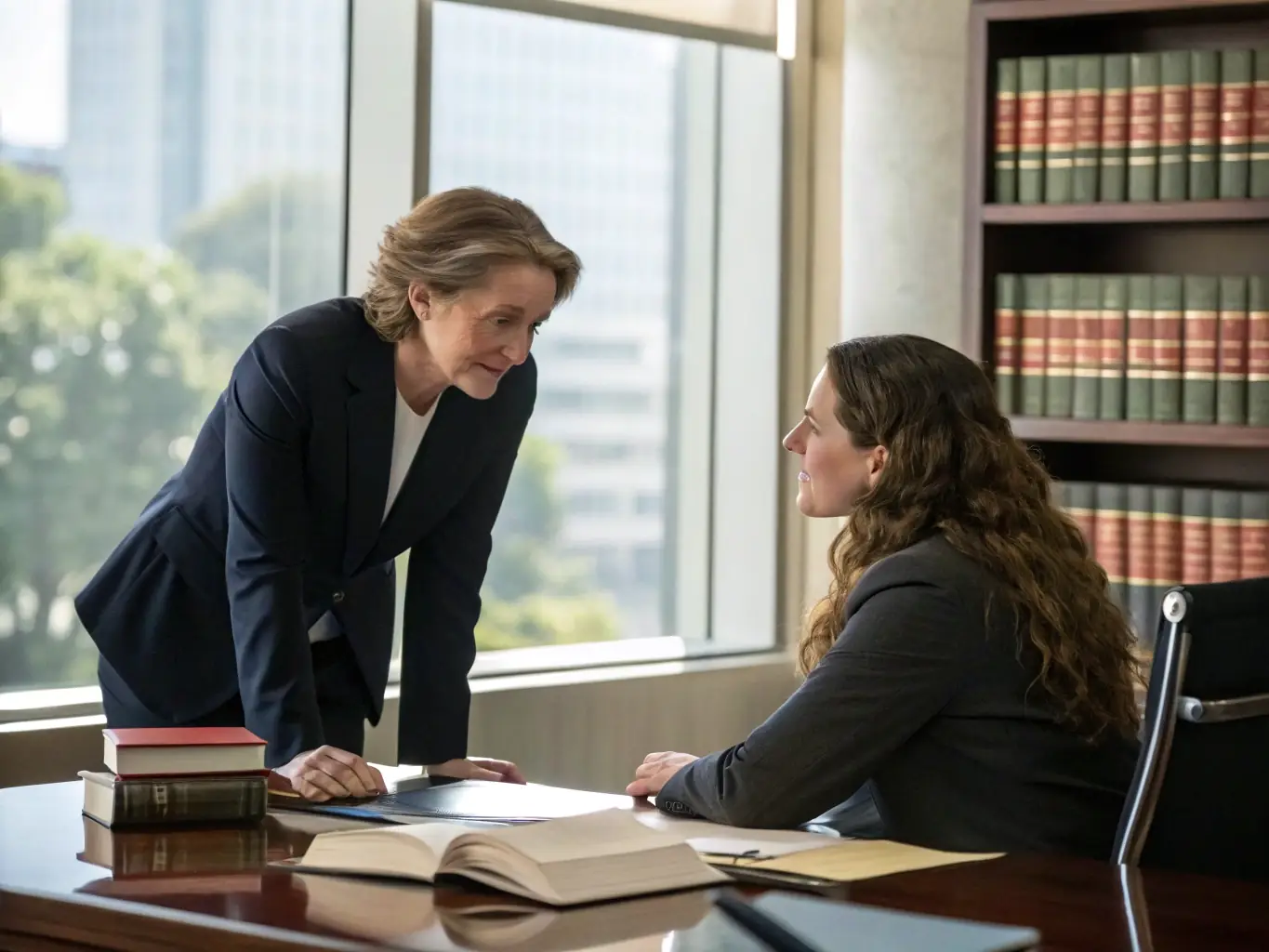A warm and professional office setting with Rosa Fernández Martínez consulting with a client, emphasizing trust and personalized service.