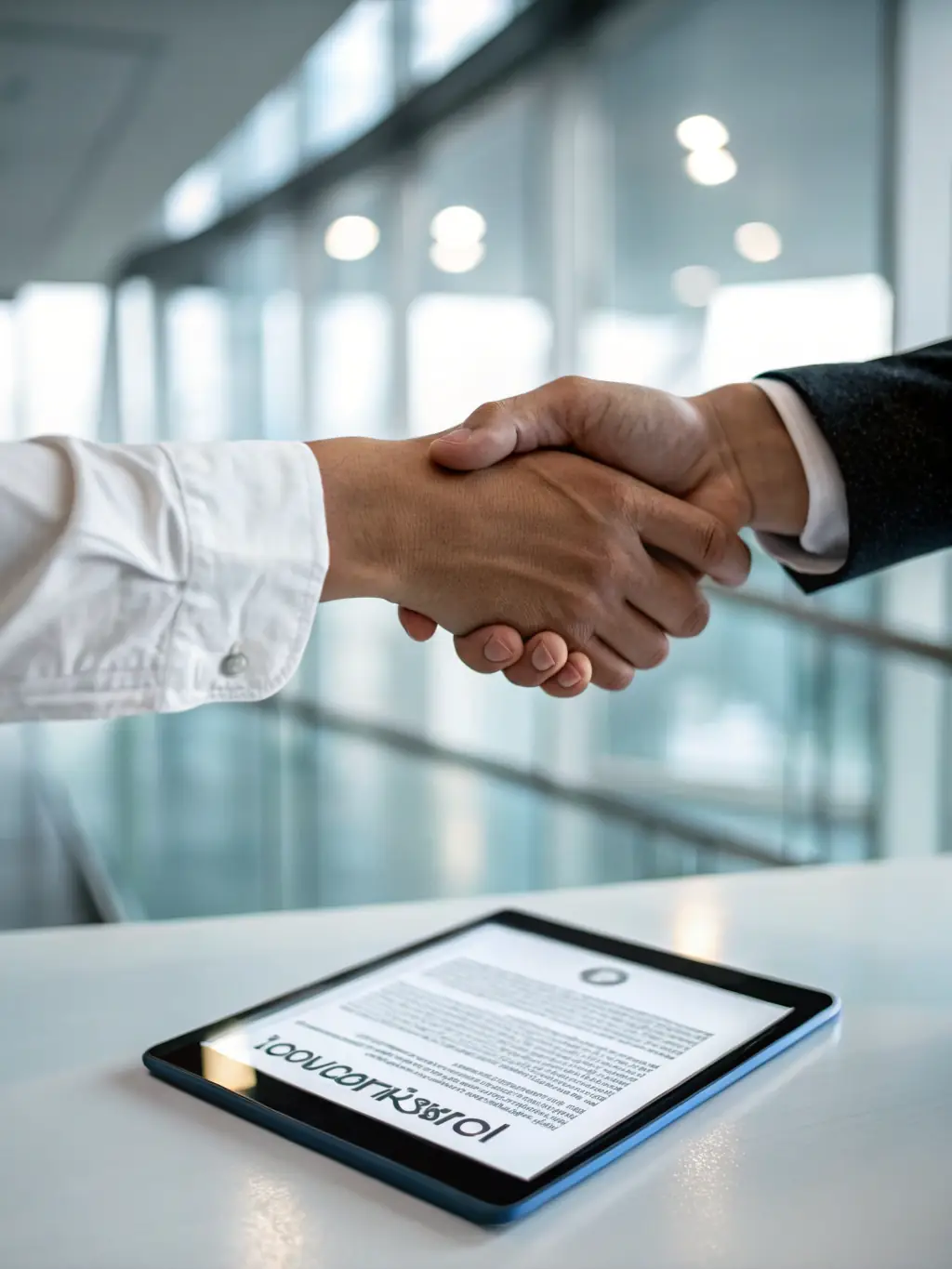 A close-up image of a handshake between a lawyer and a client, symbolizing trust and partnership.