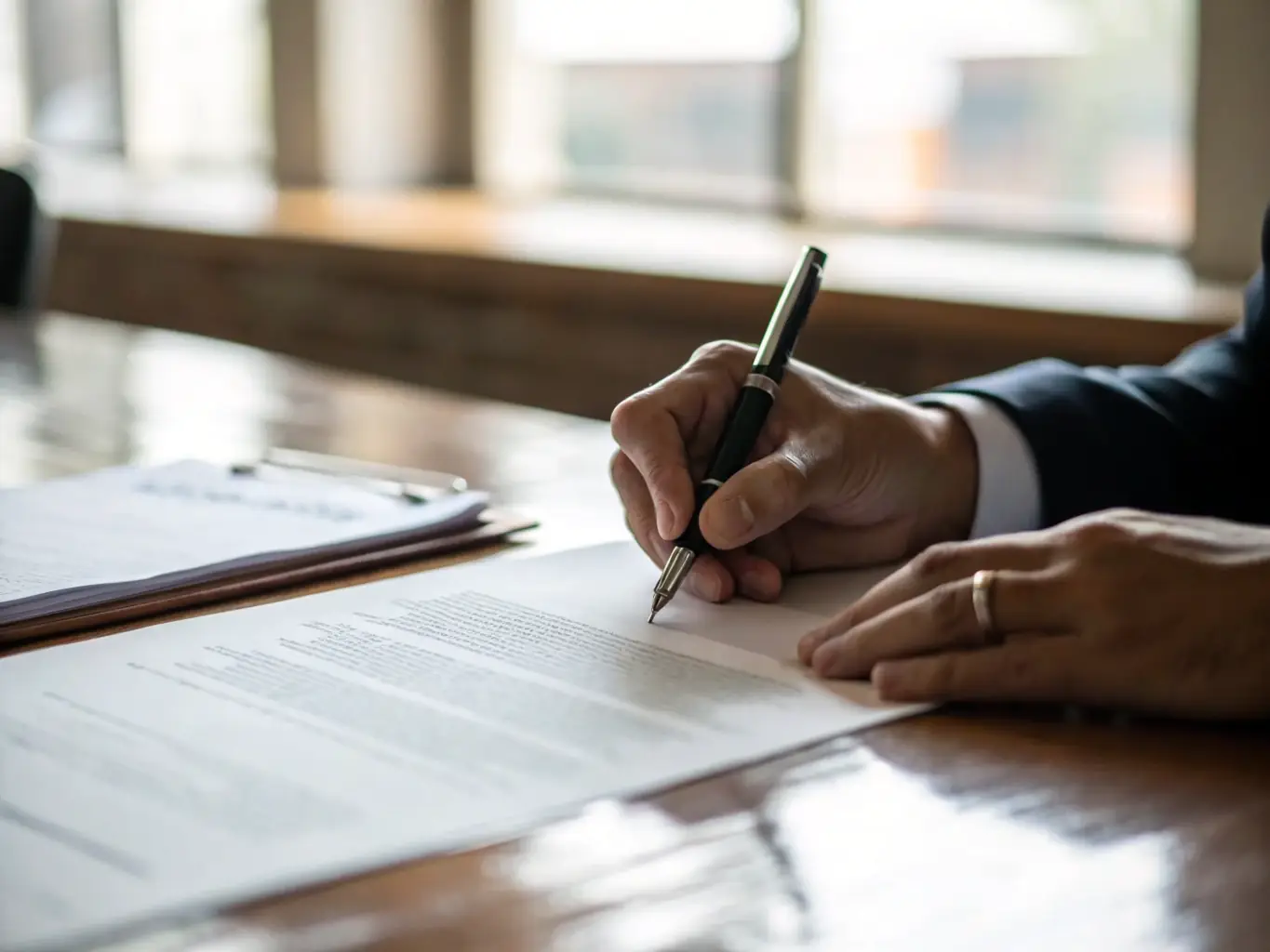 An image of a legal document being reviewed with a pen, representing thorough civil legal assistance, in a well-lit office.