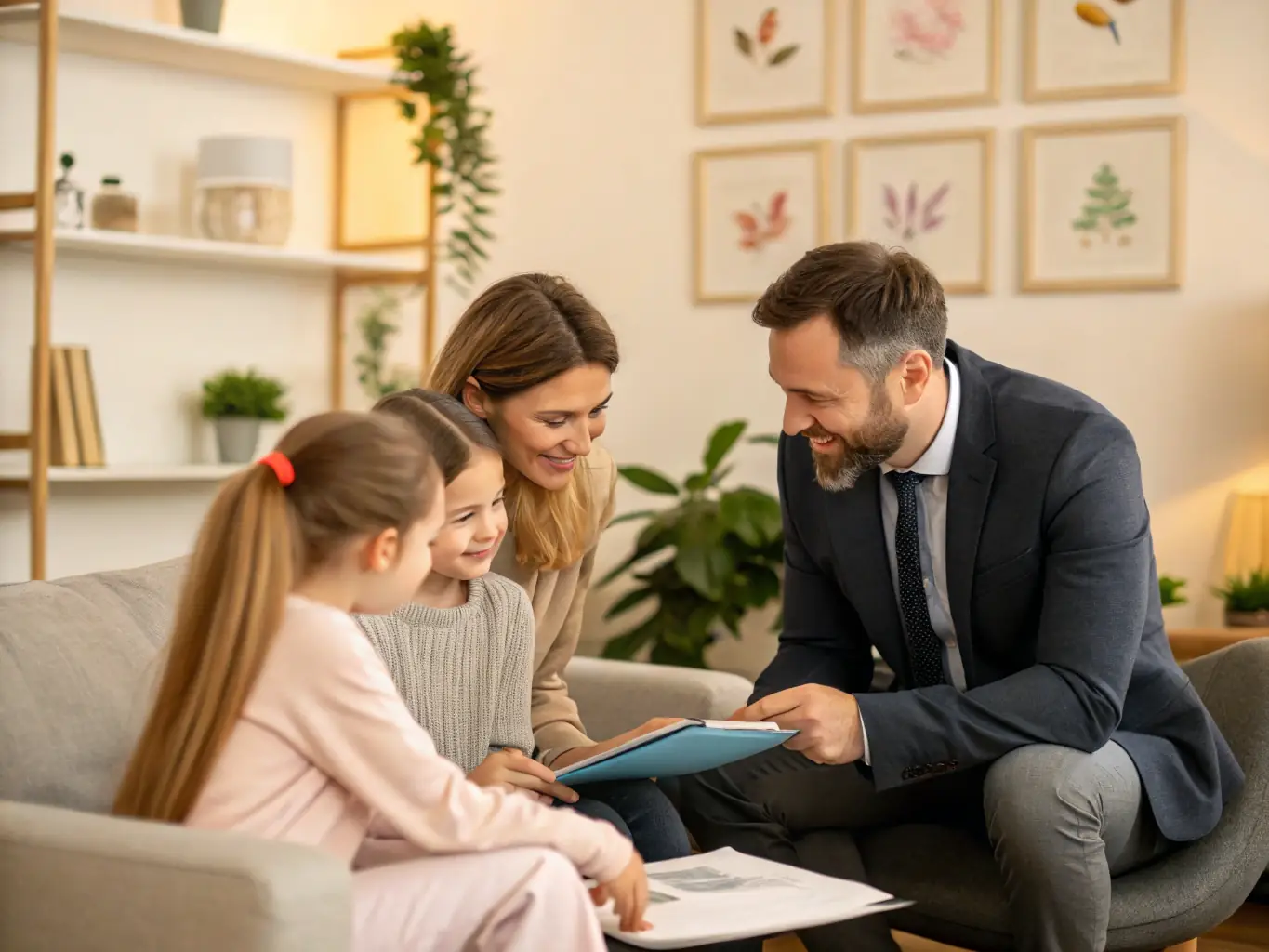 An image of a family in a legal consultation, symbolizing trust and support, set in a modern law office.
